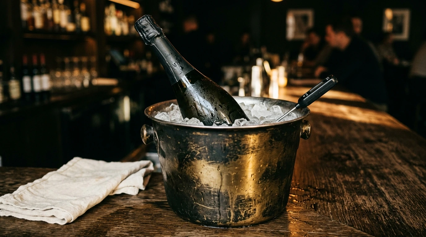 Bouteille de champagne dans un seau à glace sur un comptoir de bois sombre
