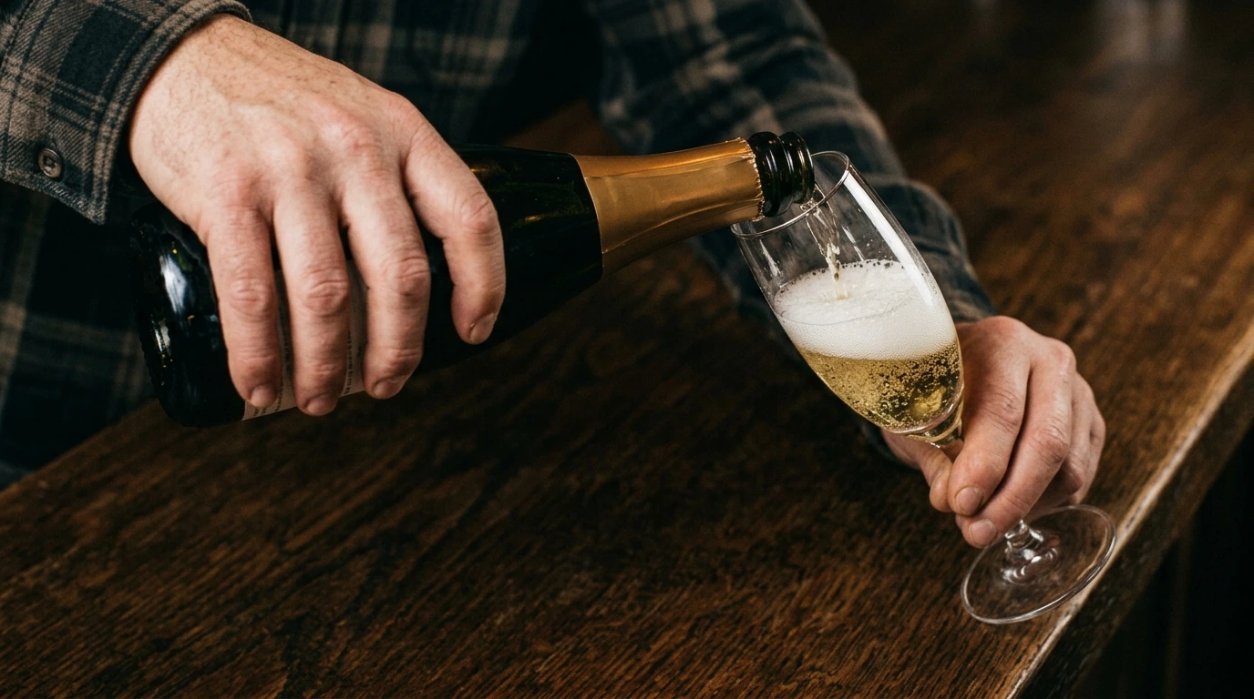 Main inclinant un verre pour servir un champagne sans perdre de gaz