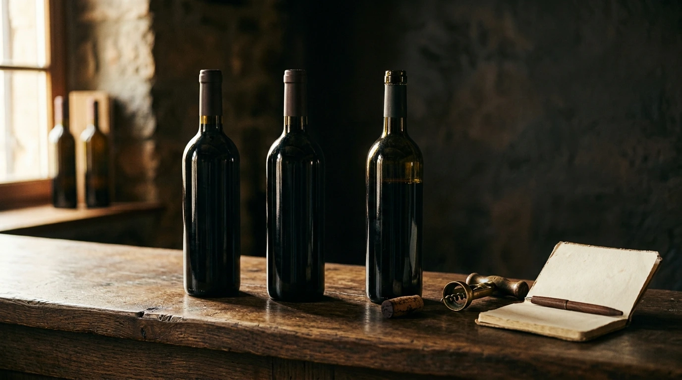 Trois bouteilles de vin alignées sur un comptoir, étiquettes tournées