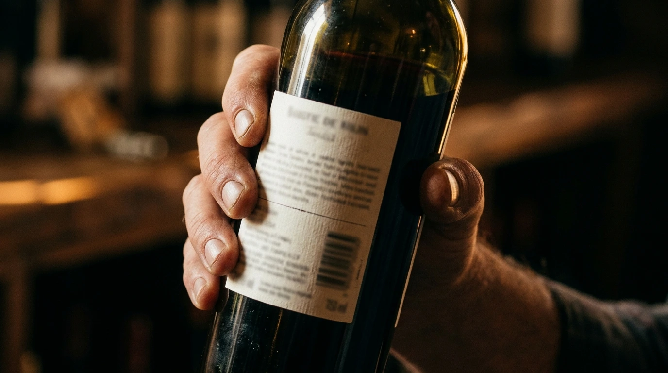 Gros plan sur une contre-étiquette de bouteille de vin tenue à la main