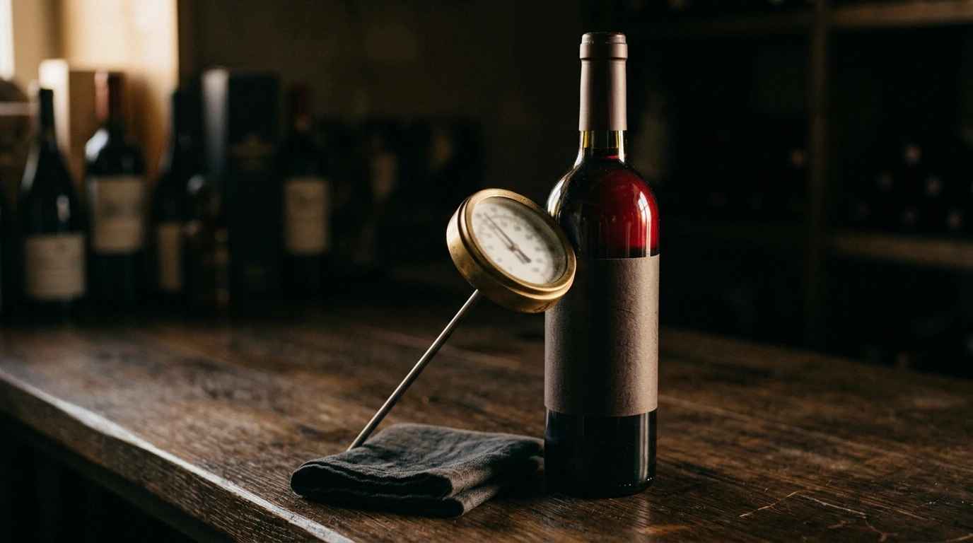 Thermomètre posé contre une bouteille de vin rouge sur un comptoir