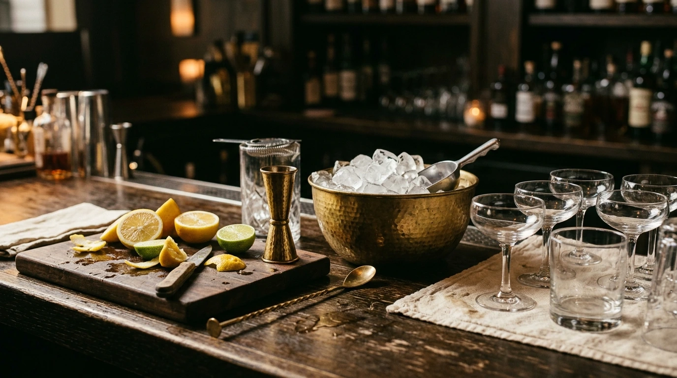 Comptoir dressé pour un apéritif avec verre doseur, agrumes et glace