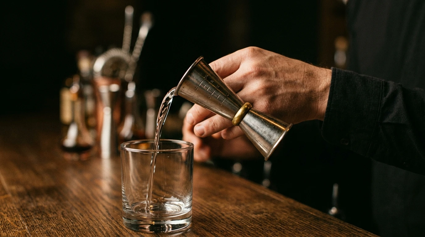 Verre doseur gradué versant un alcool dans un verre à cocktail