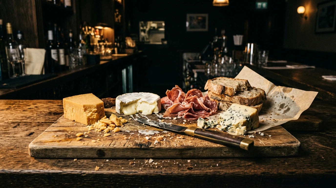 Planche de fromages et charcuterie entamée sur un comptoir