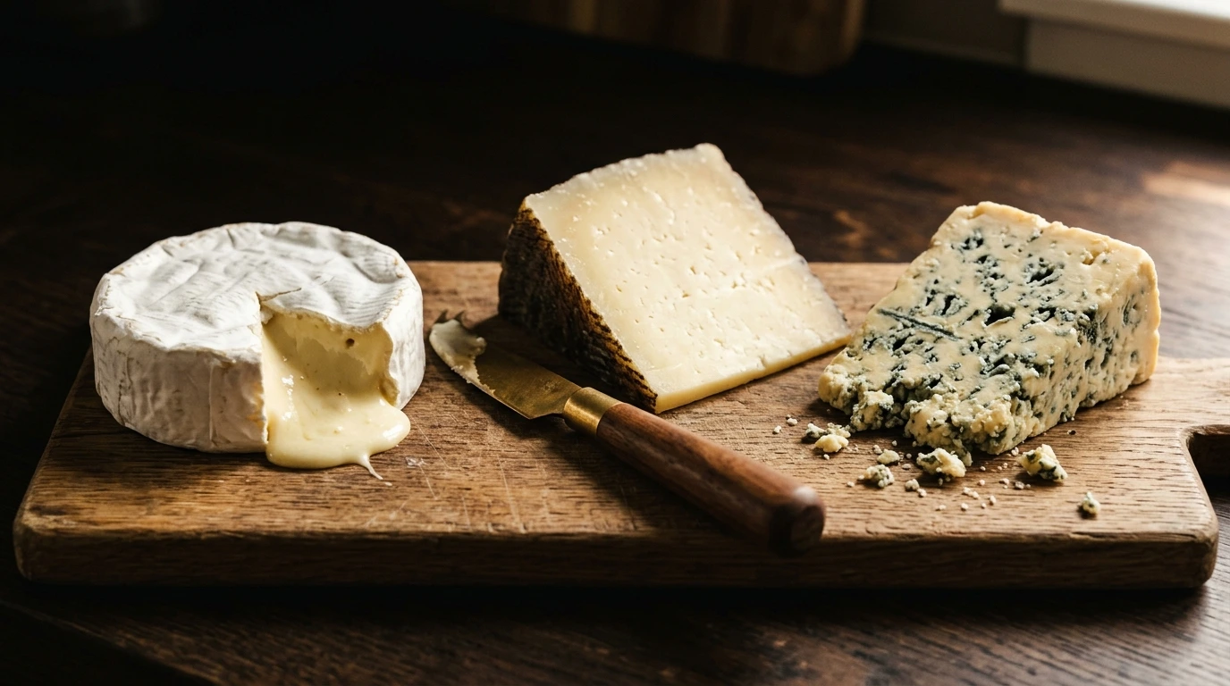 Trois fromages de textures différentes coupés côte à côte