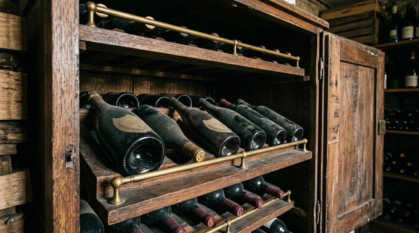 Bouteilles couchées sur les clayettes en bois d’une cave à vin
