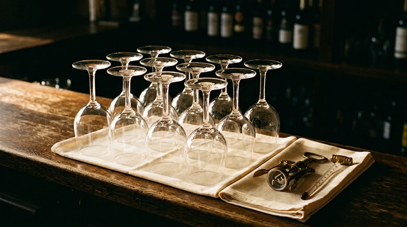 Verres à vin identiques alignés à l’envers sur un linge de service