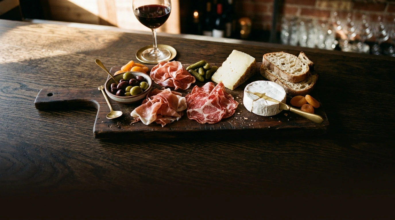 Planche apéritive garnie de charcuterie, fromage et verre de vin