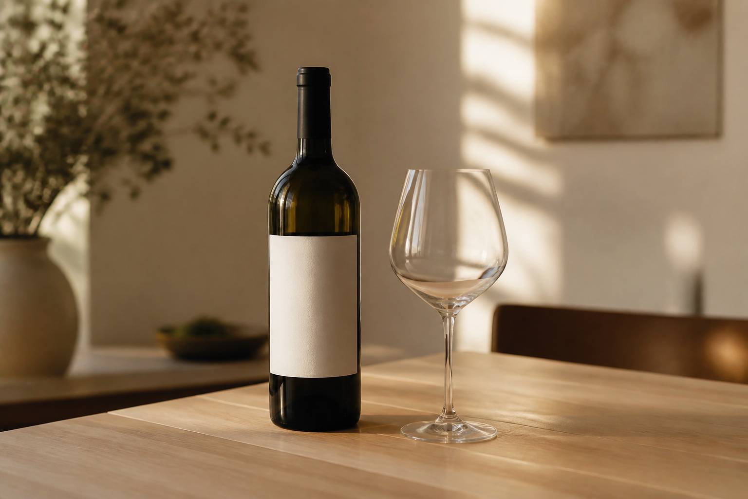Bouteille de vin avec étiquette sans texte lisible et un verre