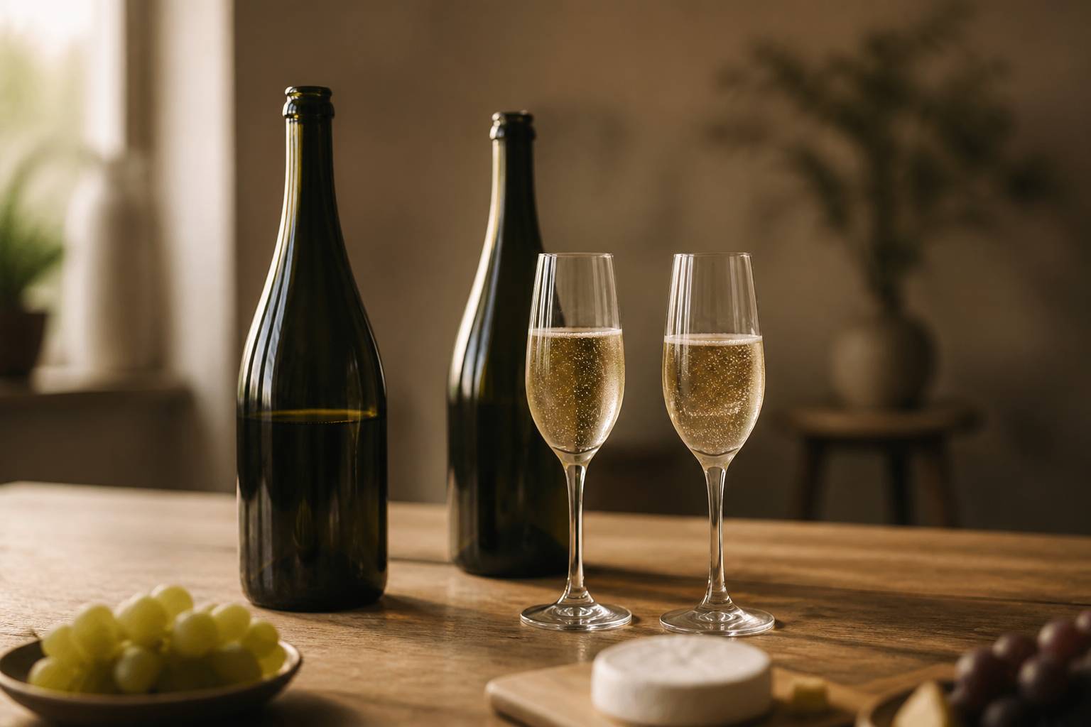 Deux bouteilles d'effervescent avec des flûtes remplies sur une table