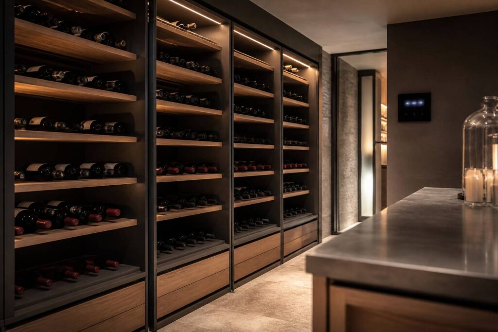 Cave à vin moderne avec bouteilles couchées sur clayettes en bois