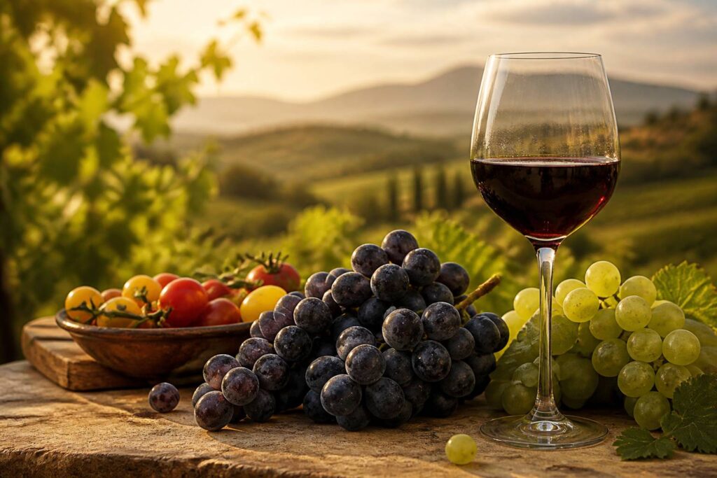 Grappes de raisin et verre de vin rouge sur une table en pierre