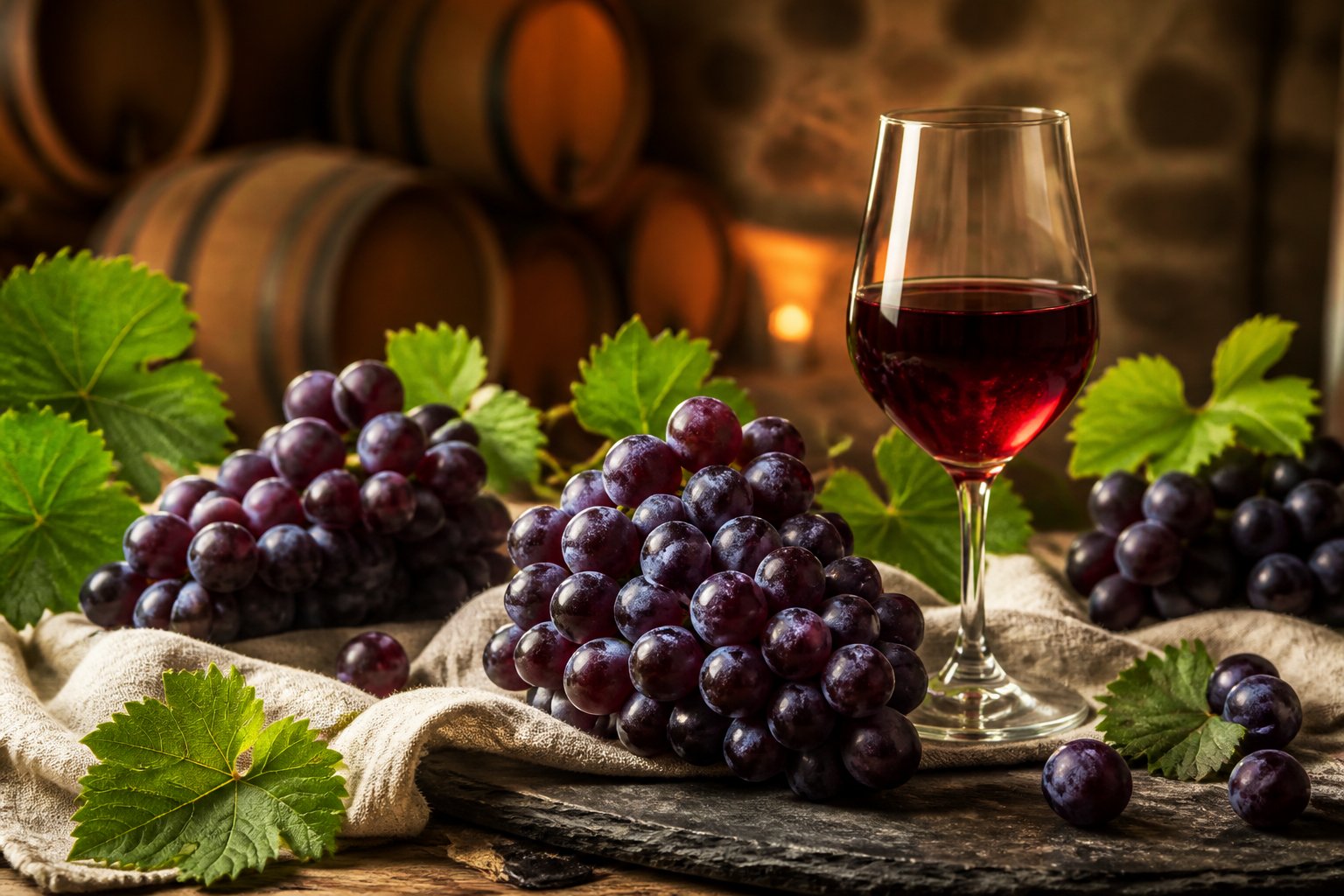 Grappes de raisins rouges sur ardoise avec verre de Porto et barriques en cave