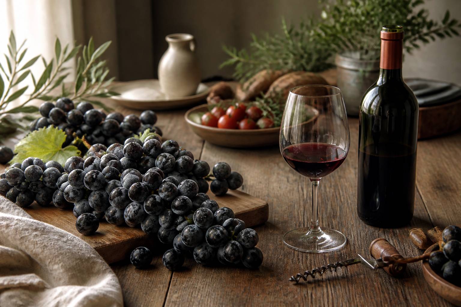 Grappes de raisin noir et verre de vin rouge sur une table de dégustation, ambiance cave