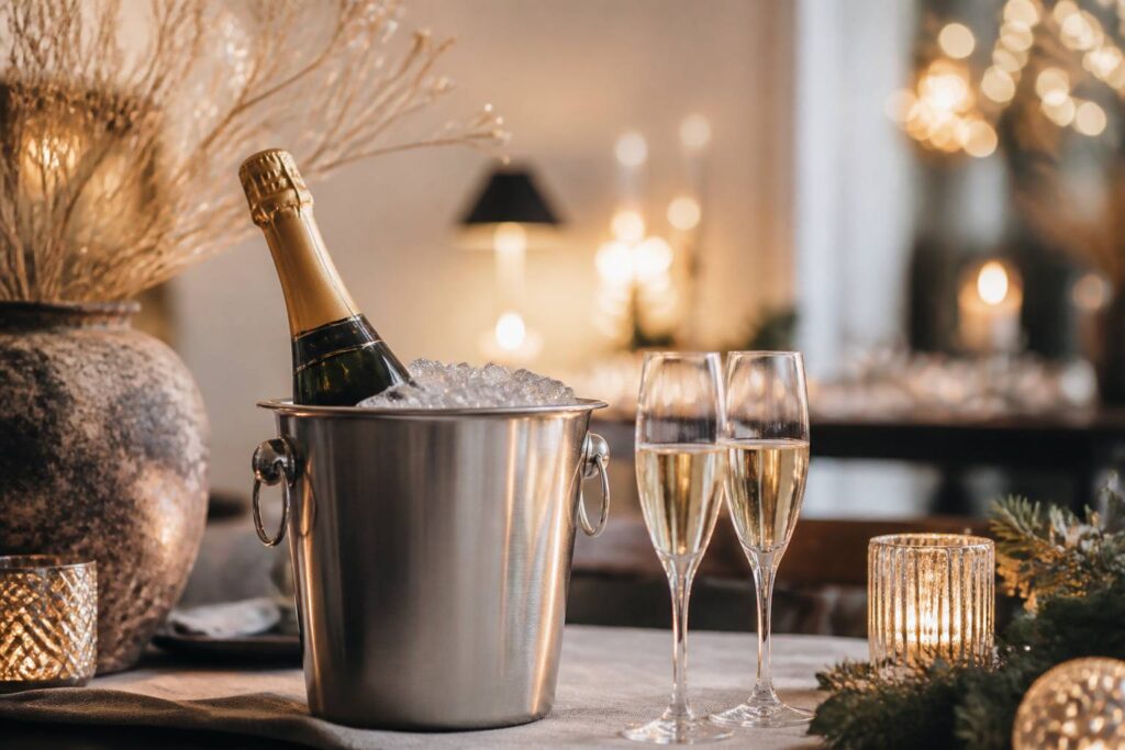 Bouteille de champagne dans un seau à glace avec deux flûtes