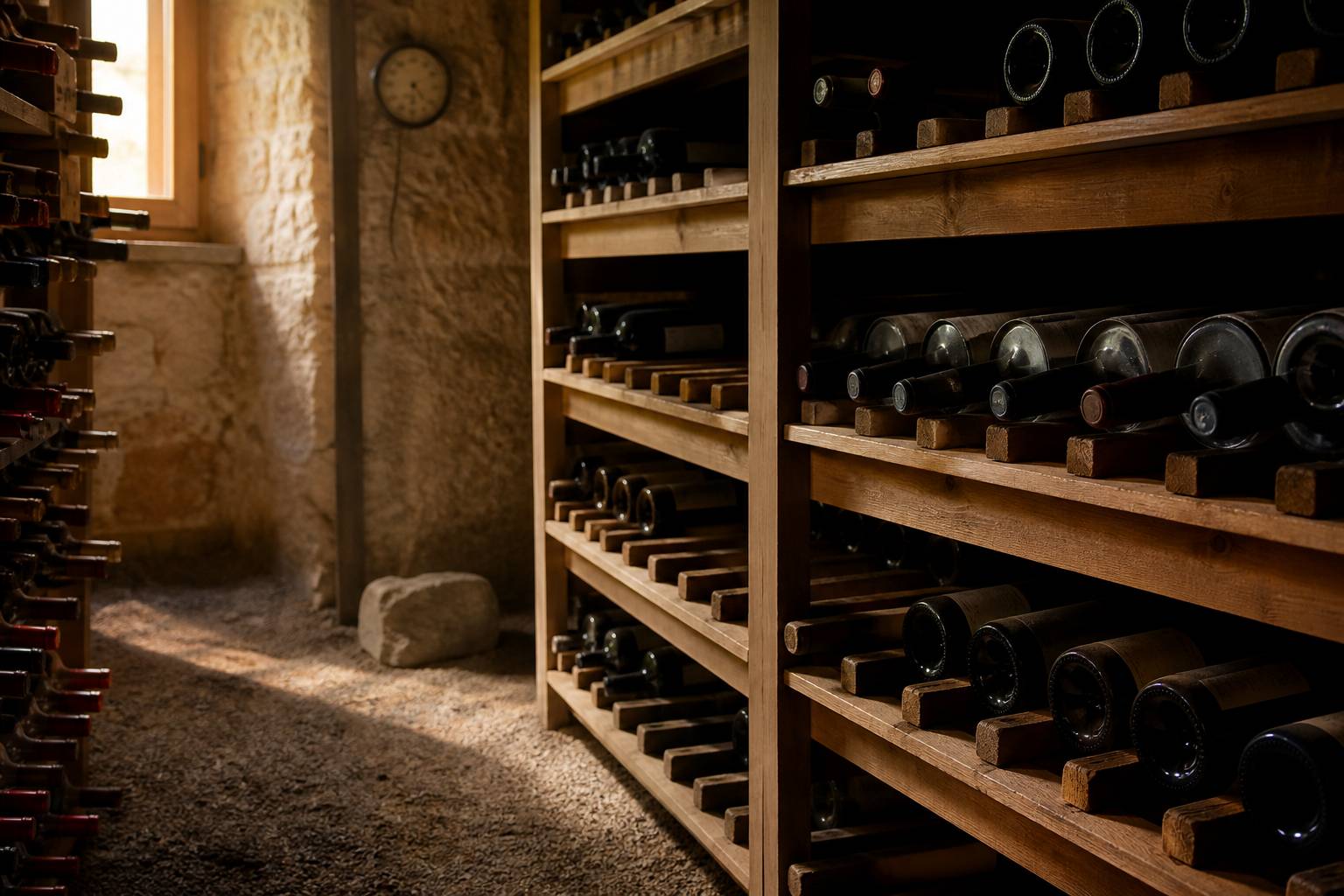 Bouteilles de vin sur clayettes avec un panneau de contrôle aux chiffres flous