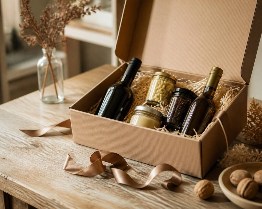 Coffret cadeau gourmand ouvert avec bouteilles et ruban sur une table