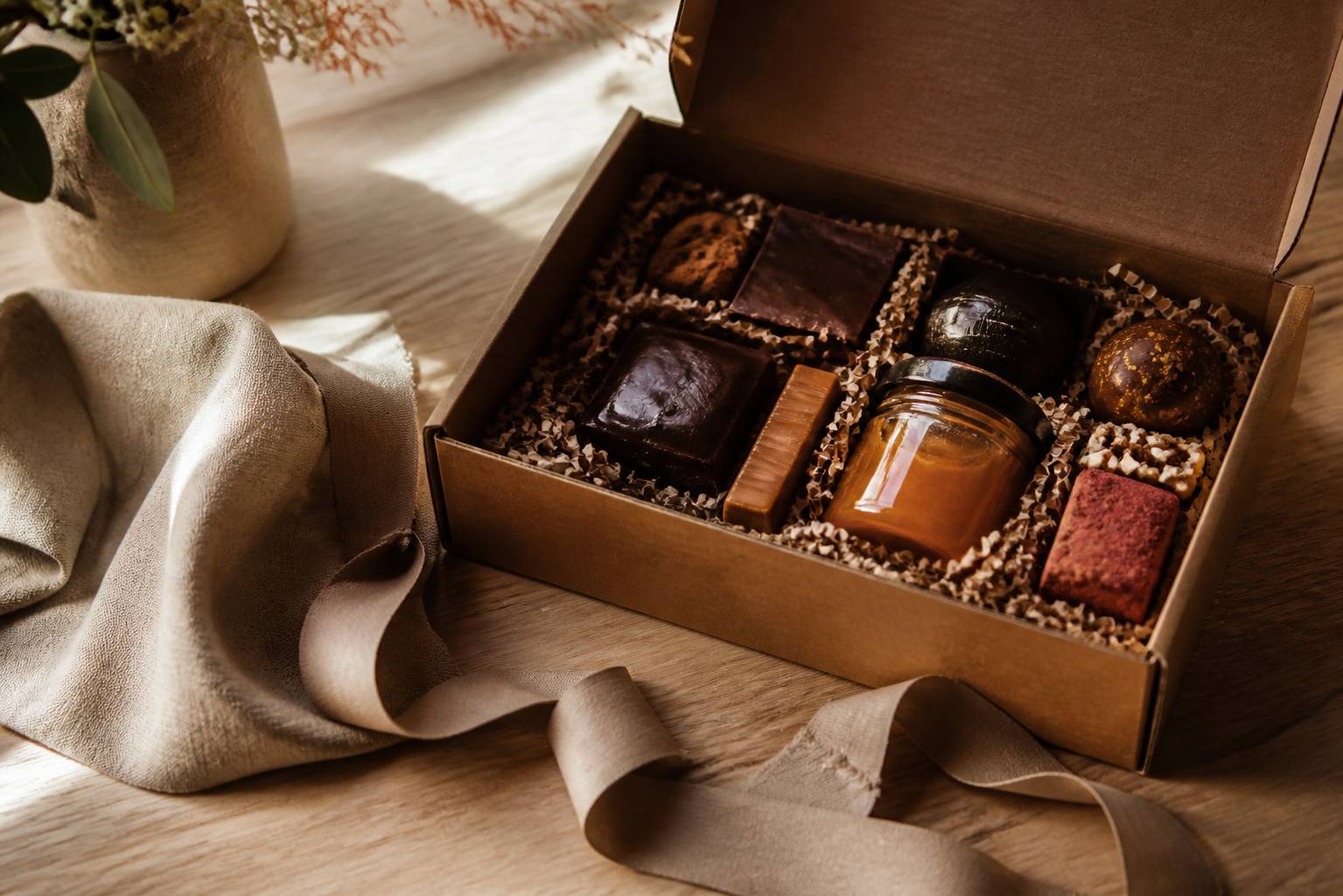 Coffret kraft ouvert avec chocolats et confiture sur une table en bois