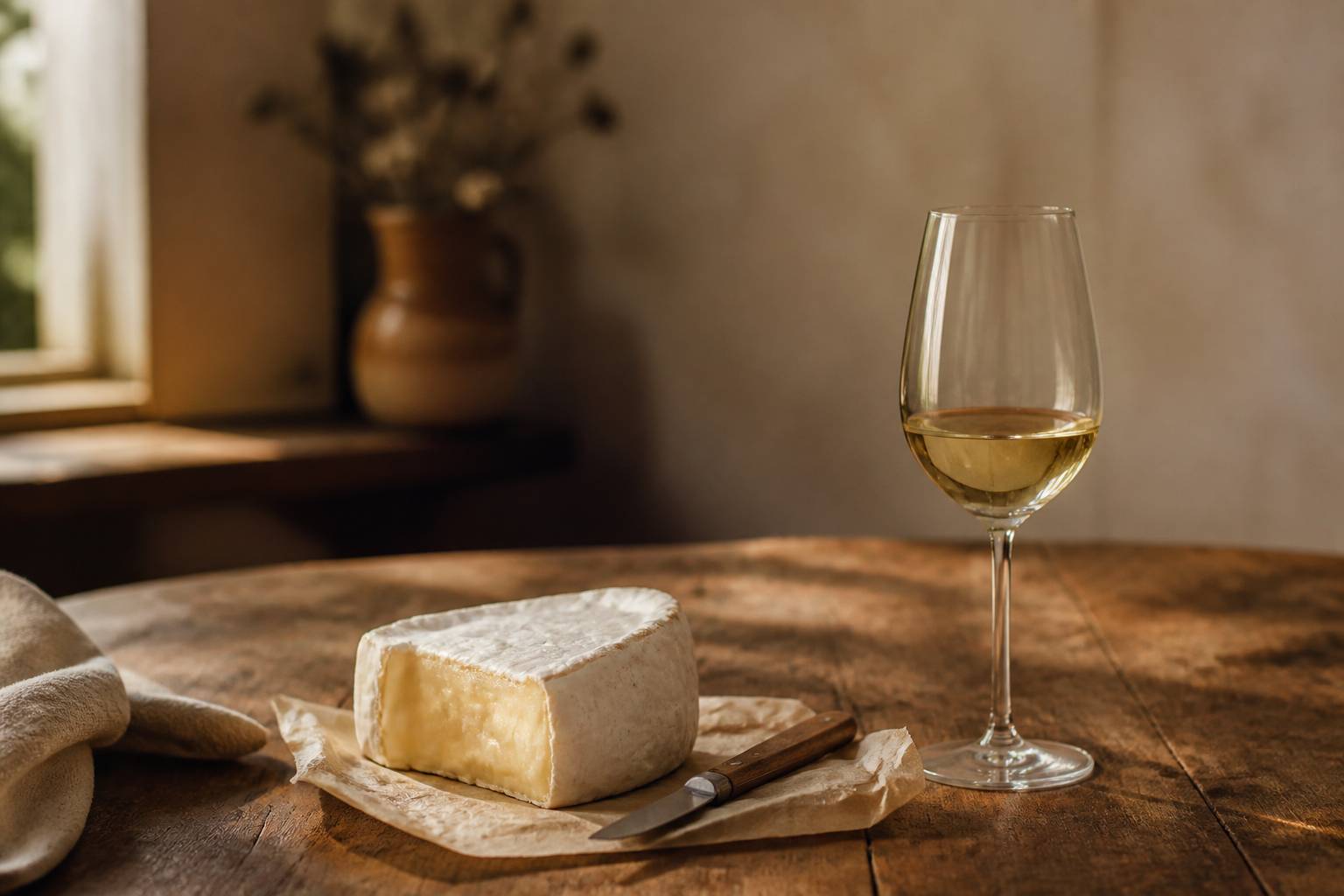 Fromage à pâte molle et verre de vin blanc côte à côte avec un couteau