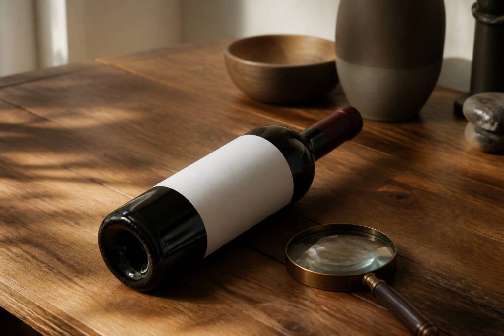 Bouteille de vin couchée avec une loupe près de son étiquette