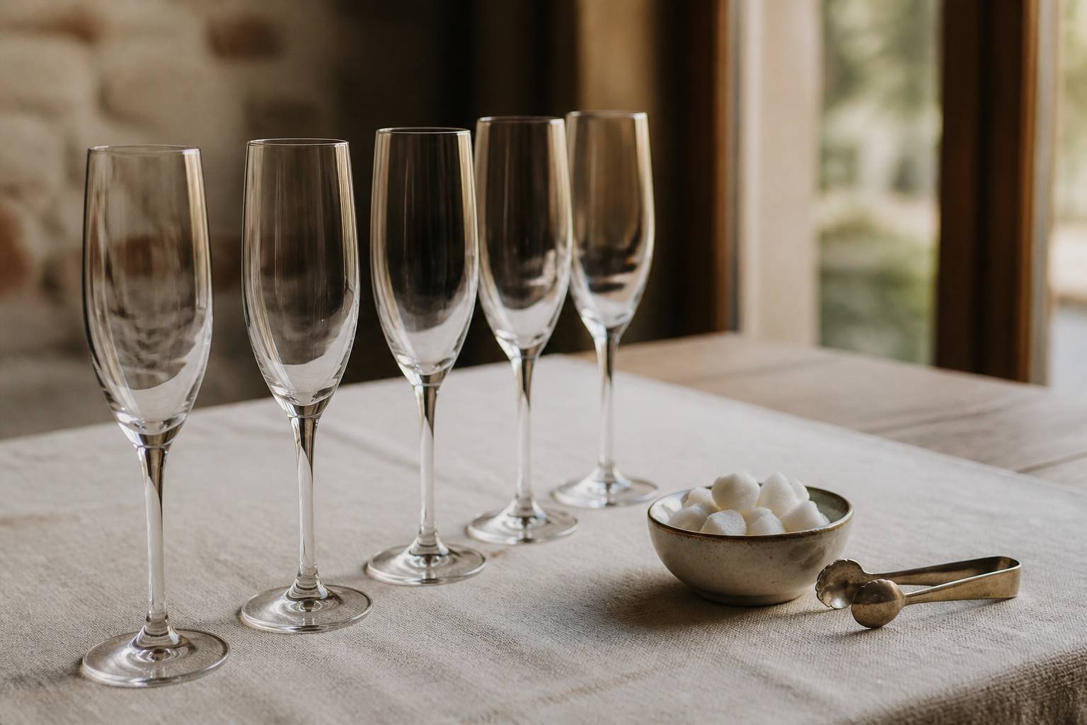 Flûtes de champagne alignées avec un bol de sucre et une pince