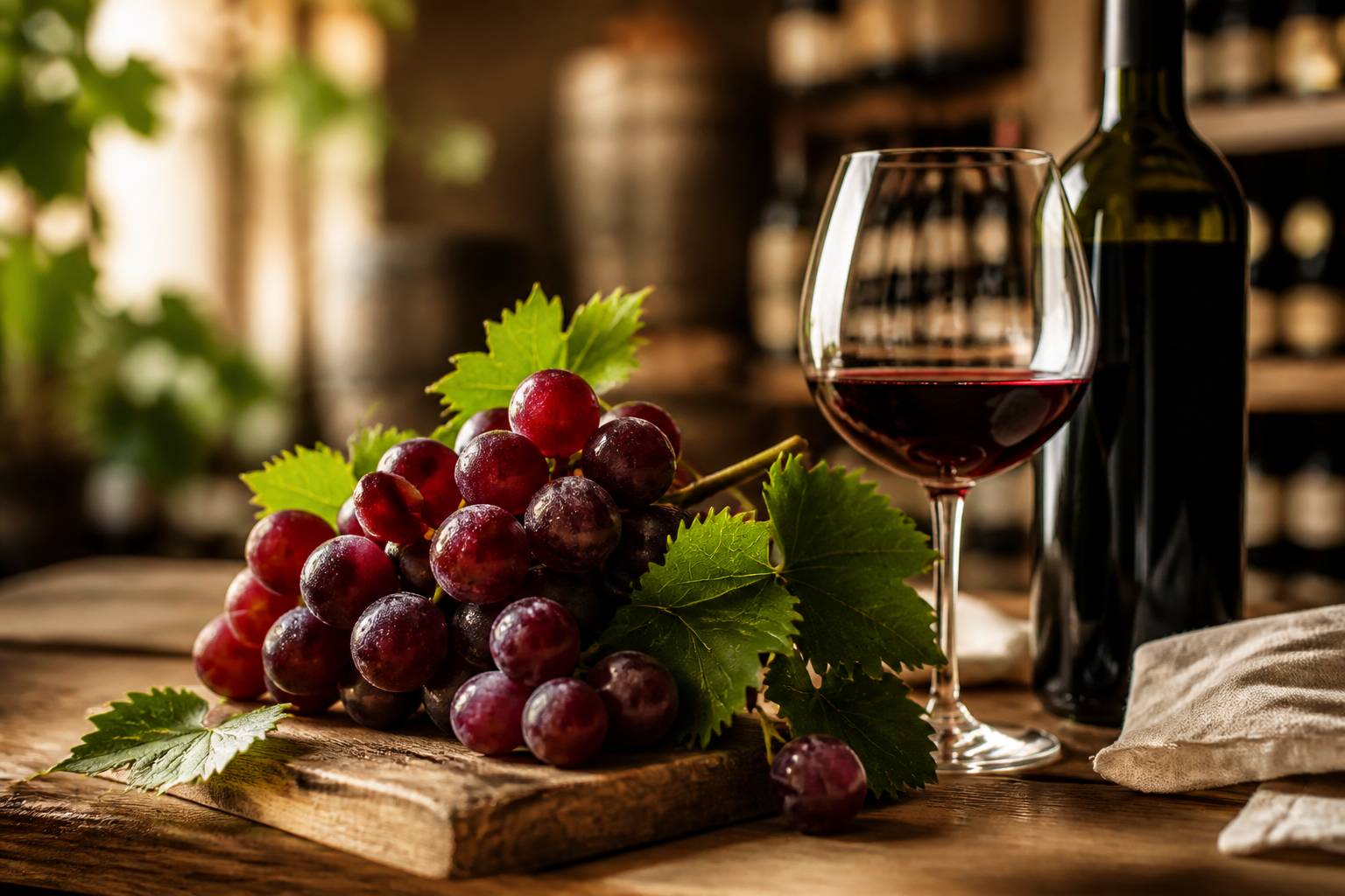 Grappe de raisin rouge avec feuilles de vigne près d'un verre de vin
