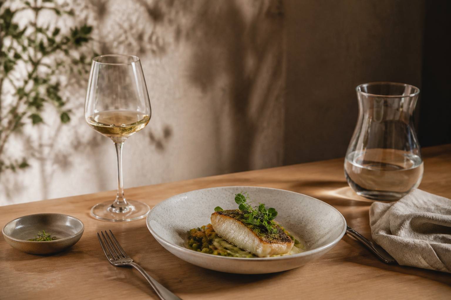 Assiette de poisson accompagnée d'un verre de vin blanc sur une table