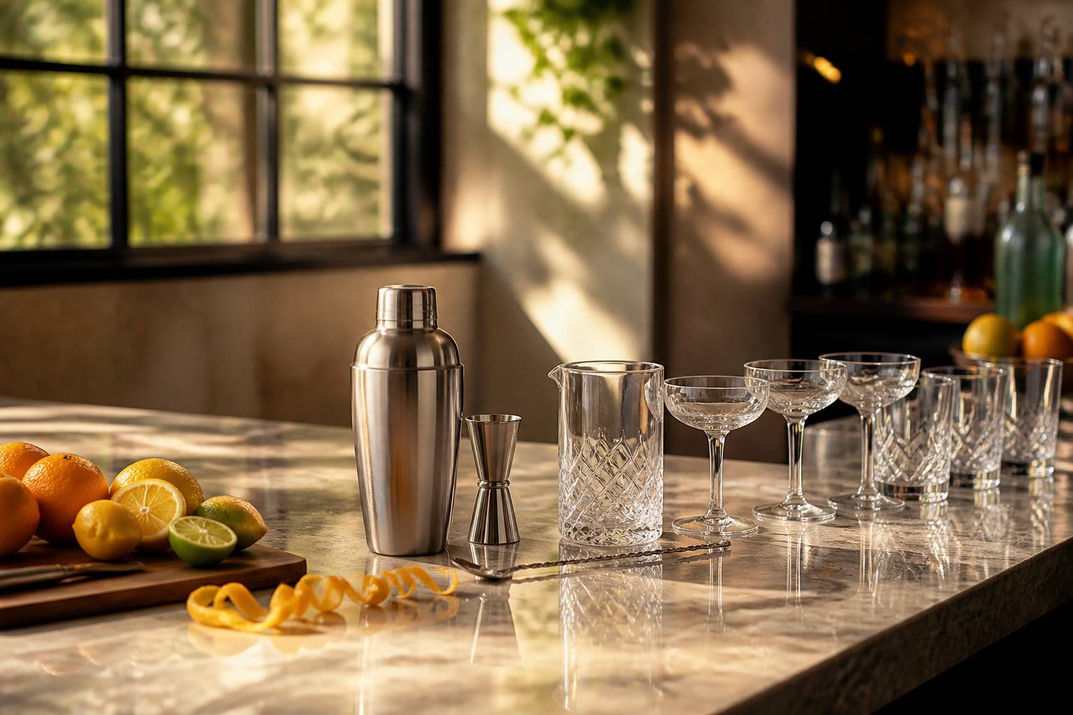 Shaker, jigger et verres de barman alignés sur un plan de travail