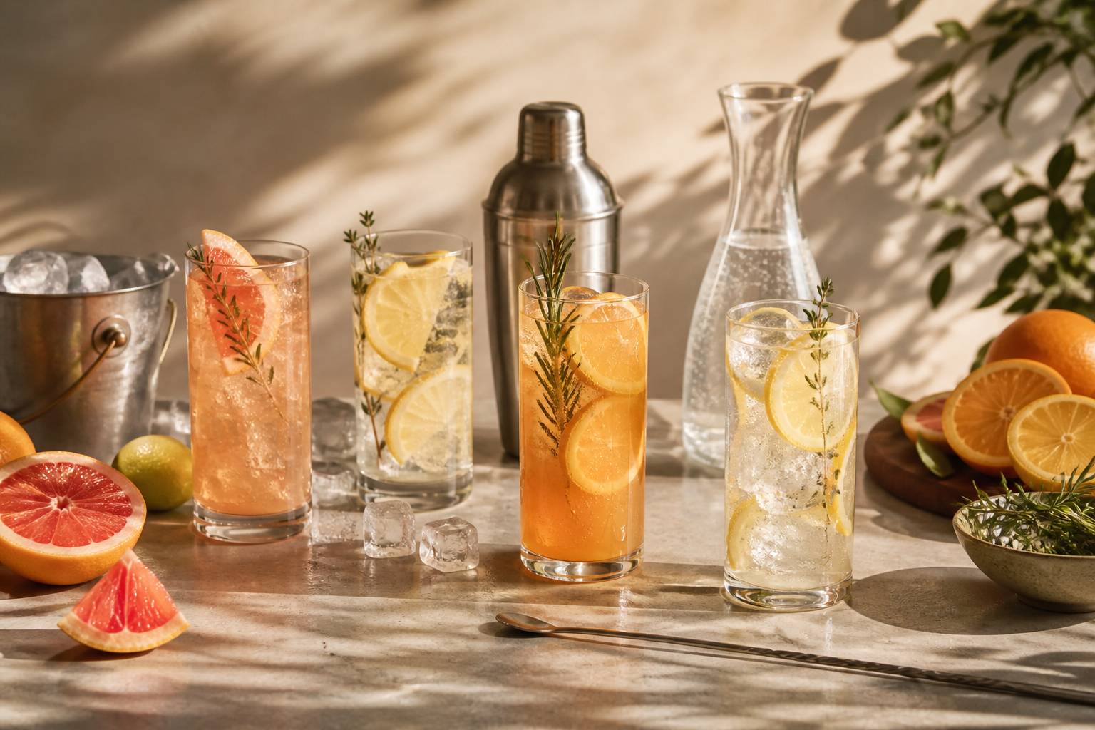 Verres hauts de boissons pétillantes avec shaker et glaçons
