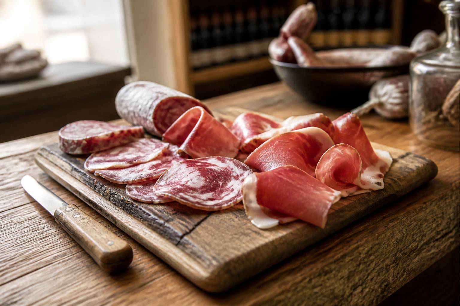 Tranches de saucisson et de jambon disposées sur une planche