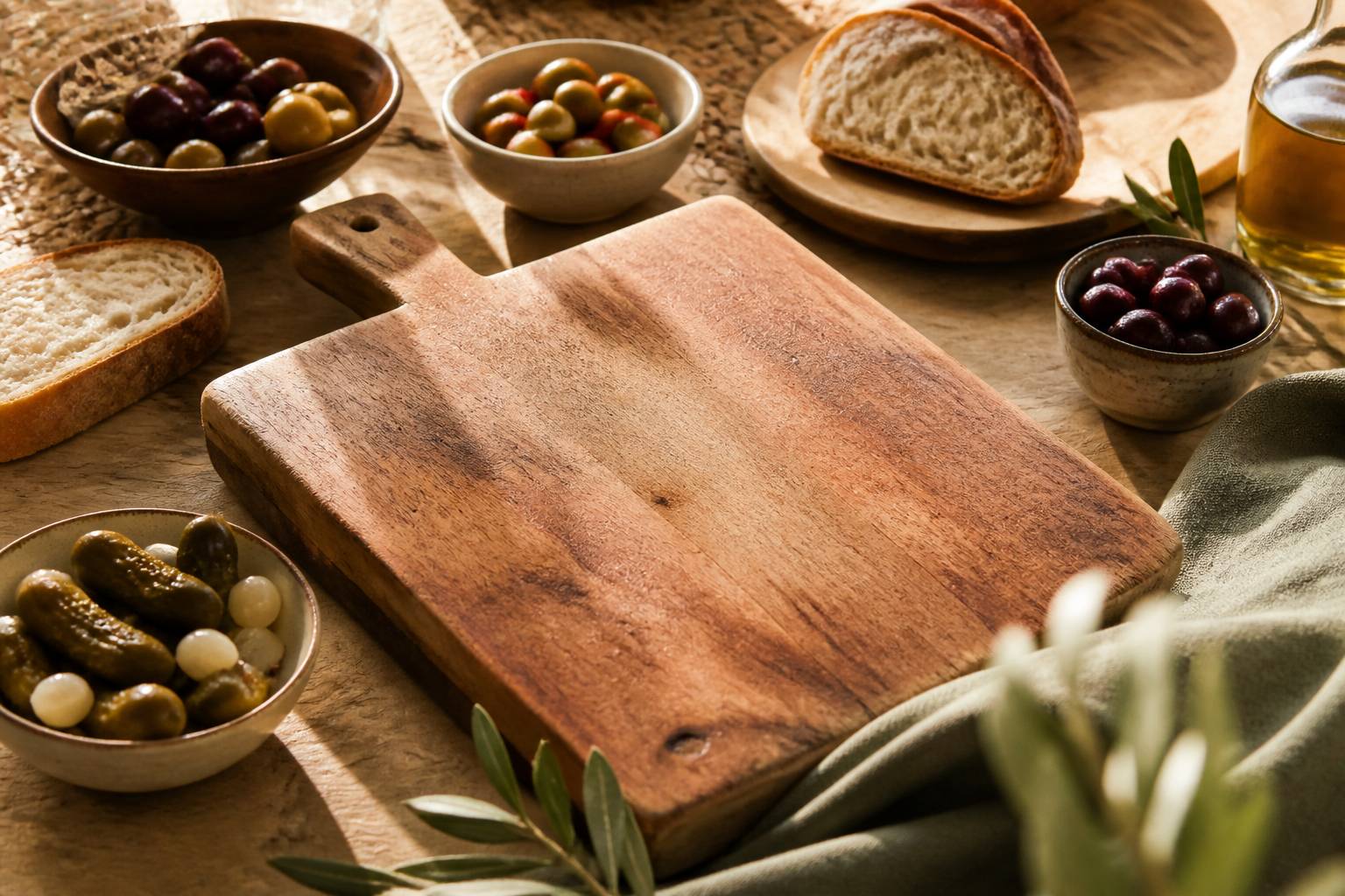 Planche vide prête à garnir avec ramequins de cornichons et pain en tranches