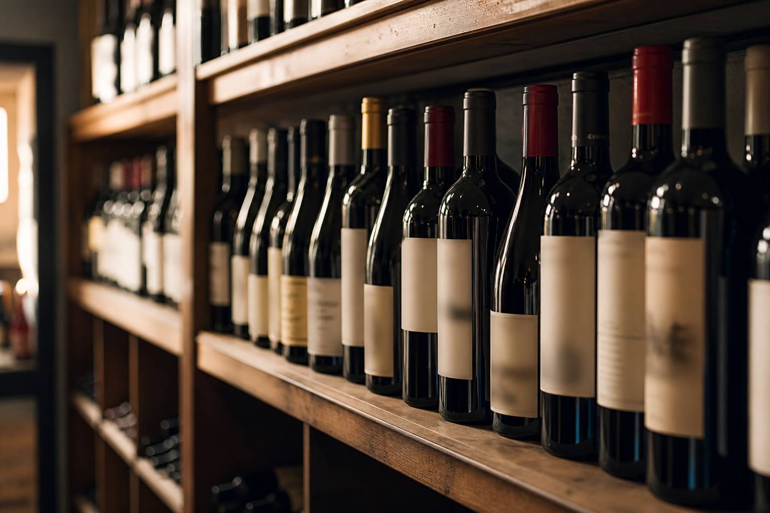 Bouteilles de vin alignées sur une étagère de cave en bois