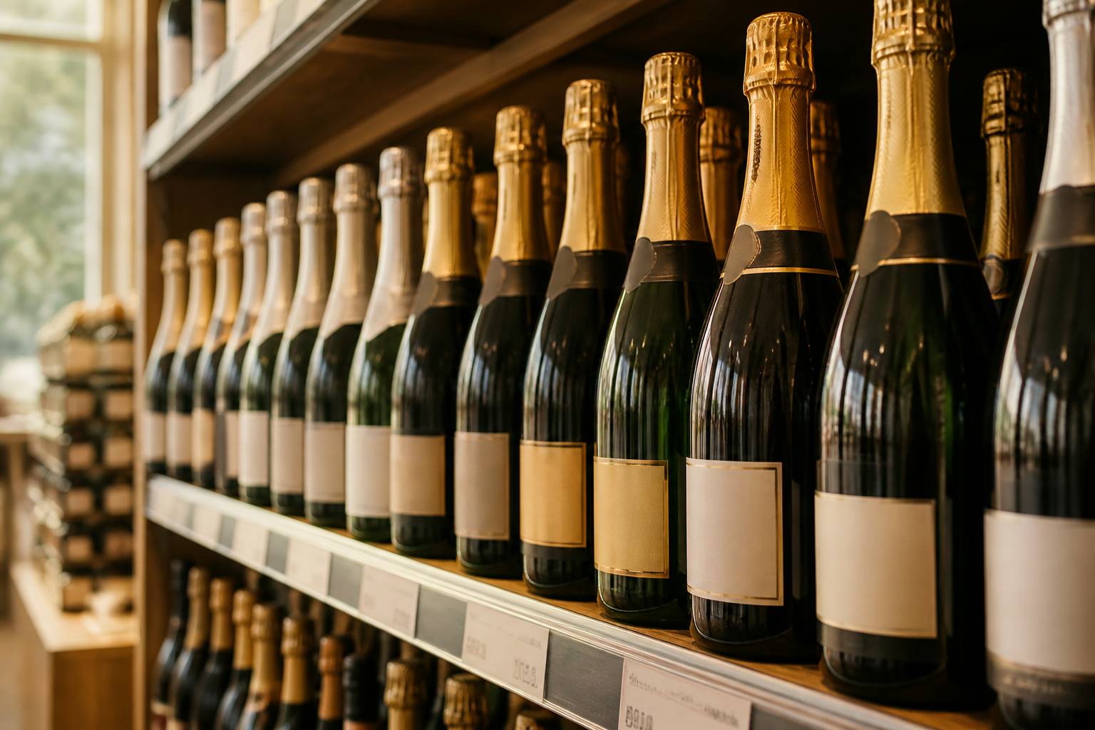Bouteilles de vin effervescent alignées sur une étagère de magasin