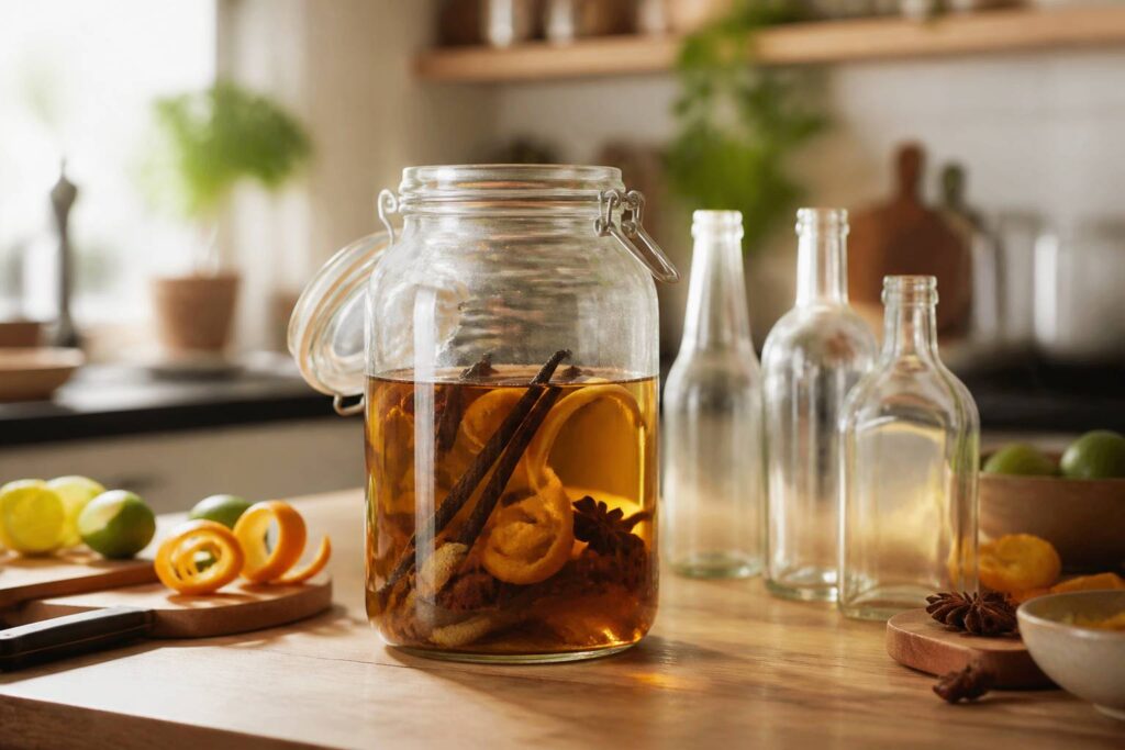 Grand bocal de rhum arrangé avec vanille et agrumes sur une table de cuisine