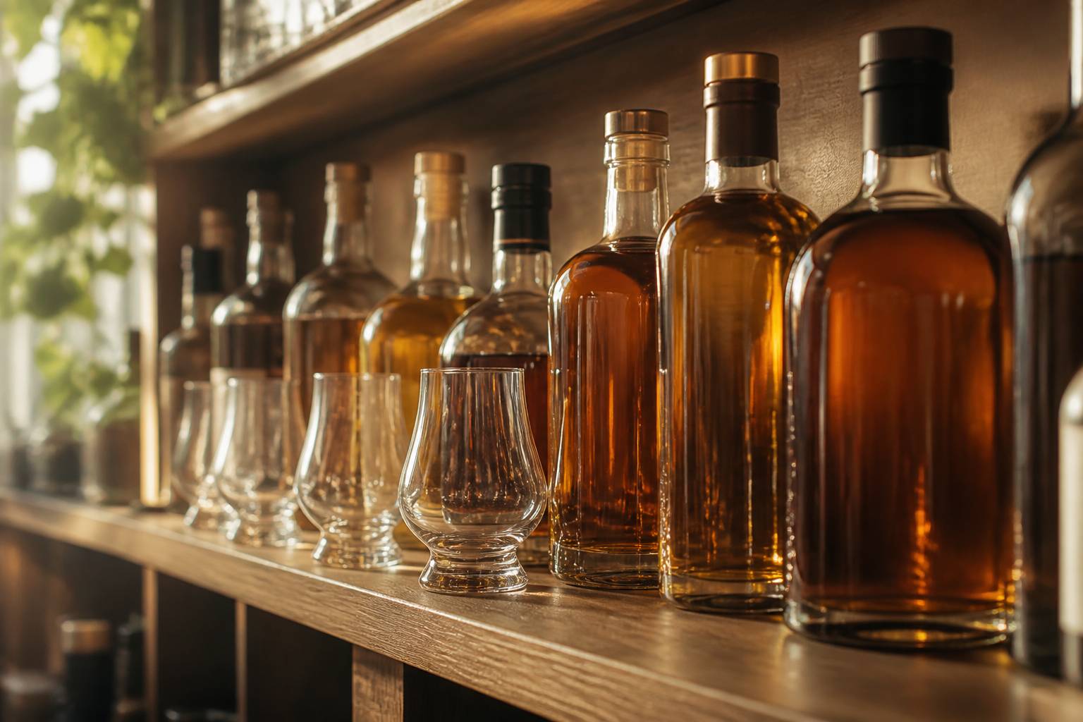 Bouteilles de whisky alignées sur une étagère de bar avec des verres