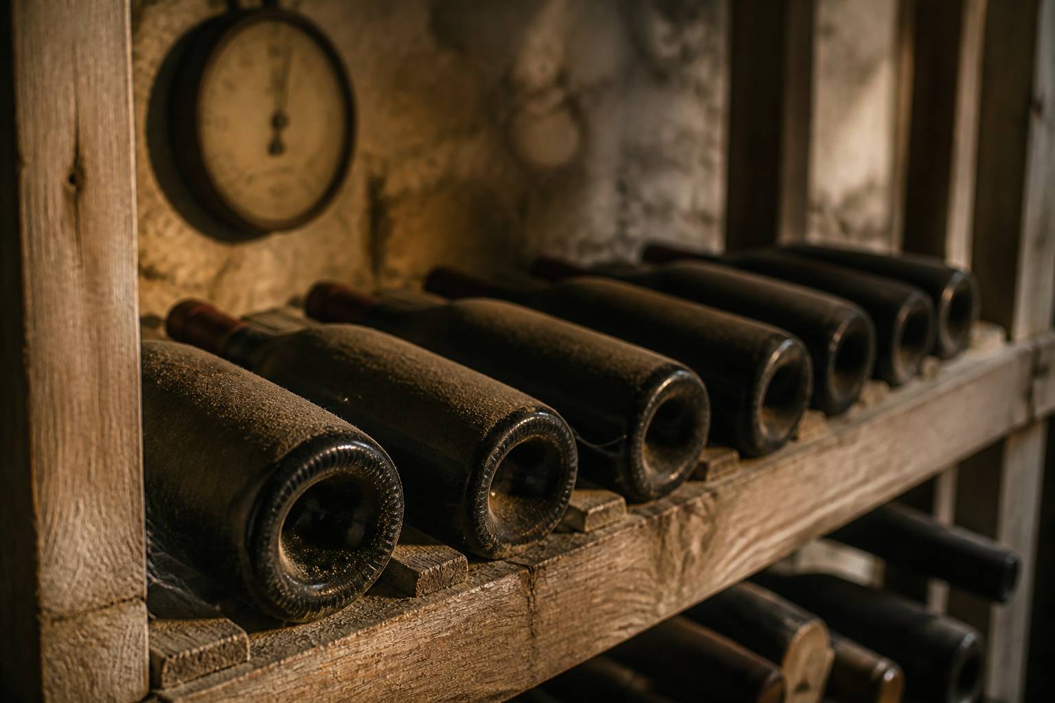 Bouteilles de vin dans un casier en bois avec un thermomètre