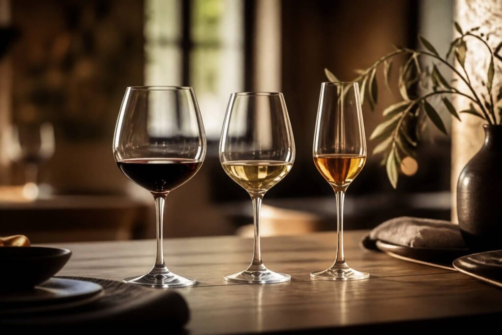 Trois verres à vin de formes différentes alignés sur une table