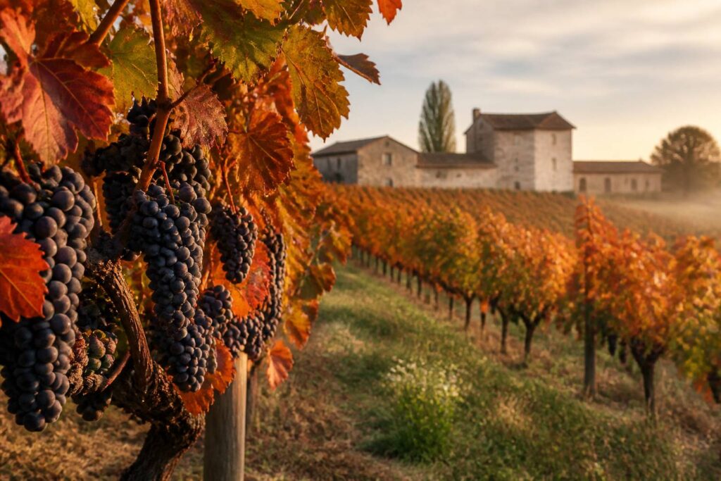 Vignoble bordelais aux feuilles orangées avec chai en pierre au loin