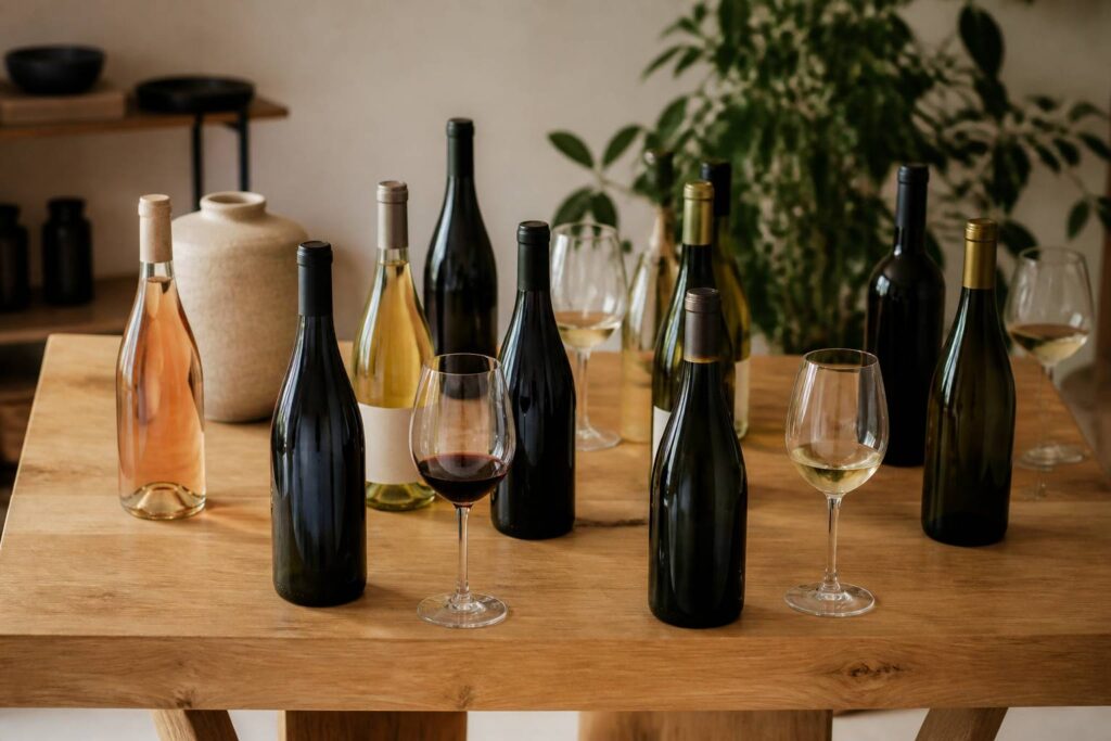 Bouteilles de vin alignées sur une table en bois clair avec des verres
