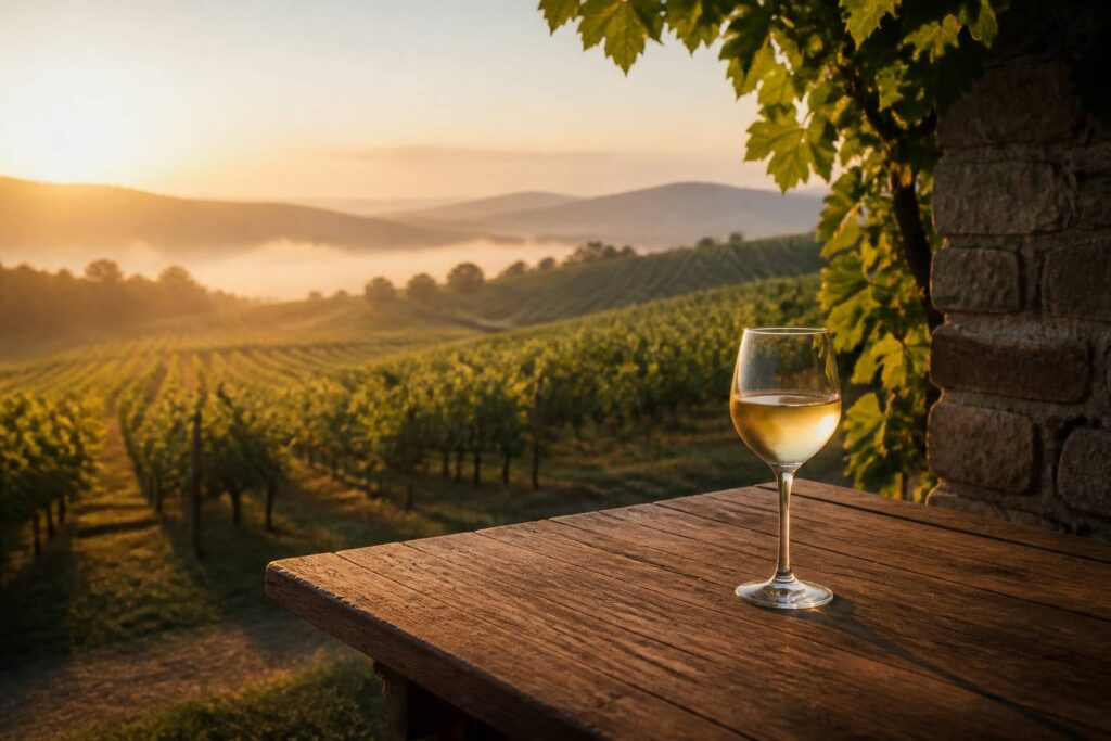 Verre de vin posé sur une table face à des rangées de vignes