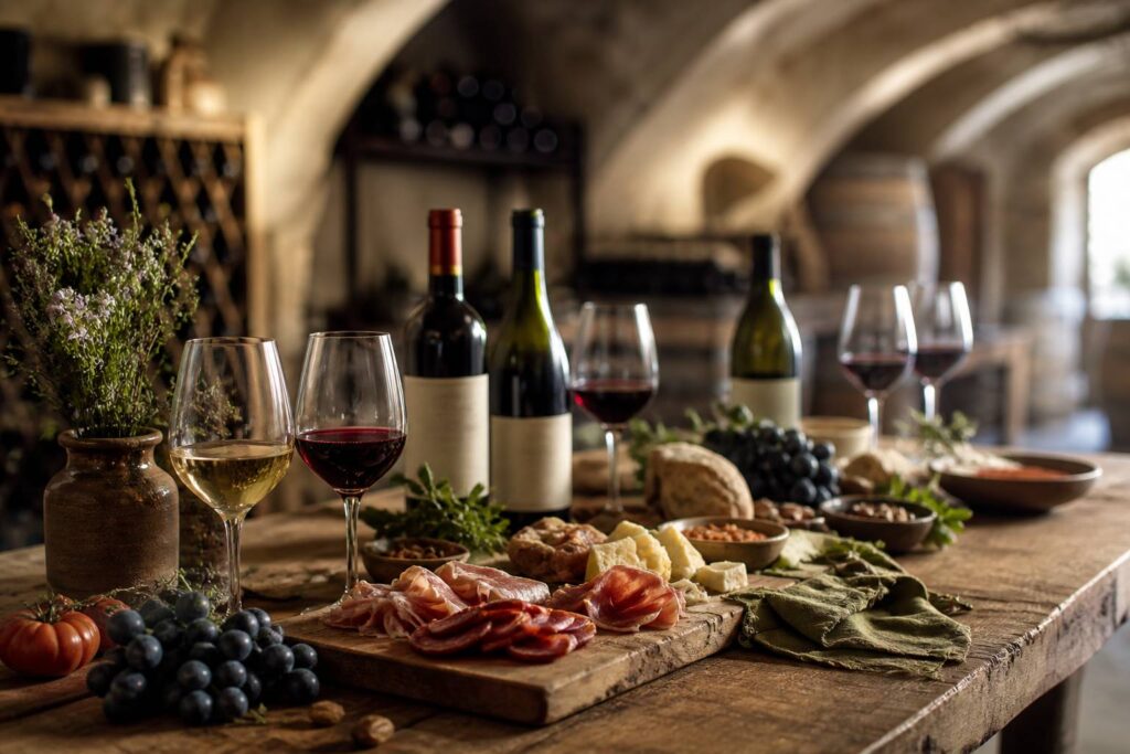 Bouteilles de vin du sud-ouest alignées avec verres et grappes de raisin sur une table en bois