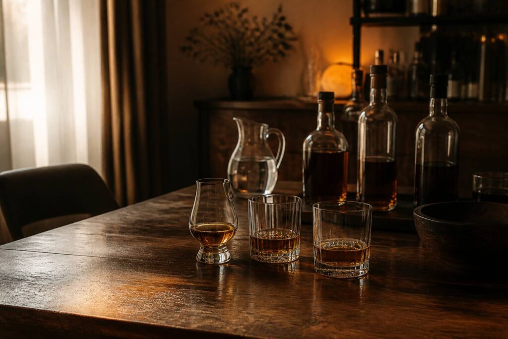 Trois verres de whisky posés sur une table en bois près de bouteilles