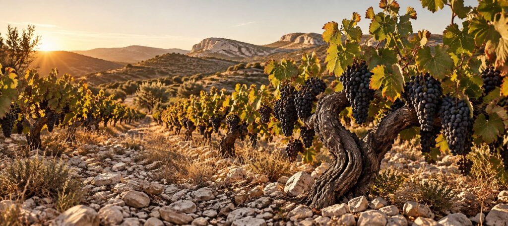 Vignes anciennes aux grappes de raisin noir sur un sol de galets sous le soleil mediterraneen