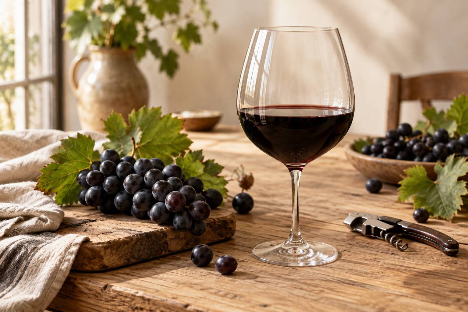 Verre de vin rouge sombre et grappes de raisin noir sur une table en bois clair
