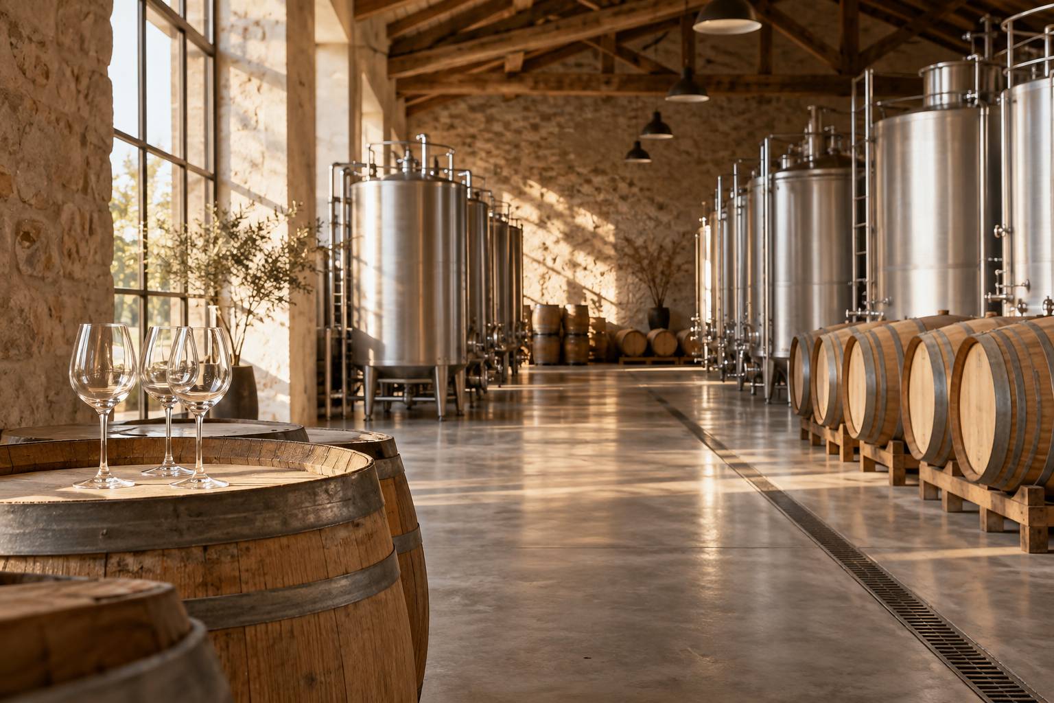 Cuves inox et futs de chene dans une cave de vinification