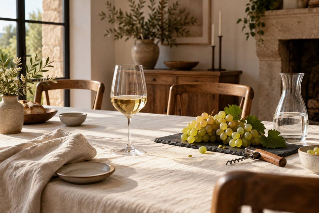 Verre de vin blanc et grappes de raisin sur une table de degustation