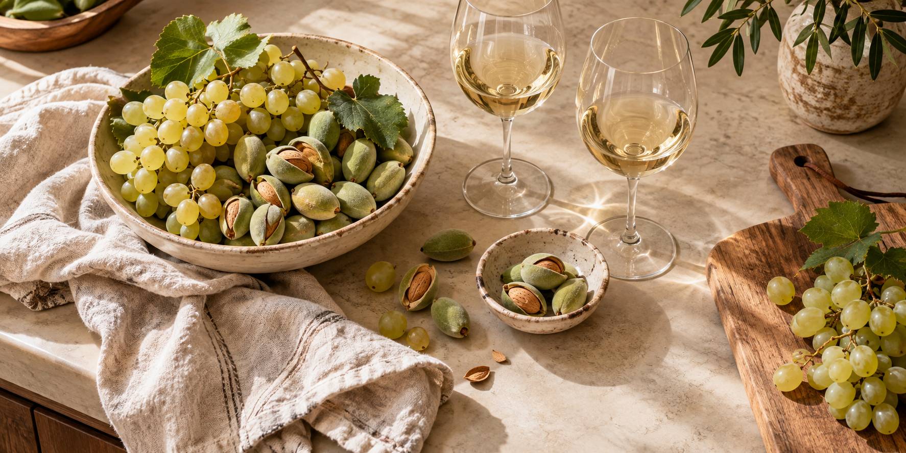 Grappes de raisin blanc et verres a pied sur un plan de travail