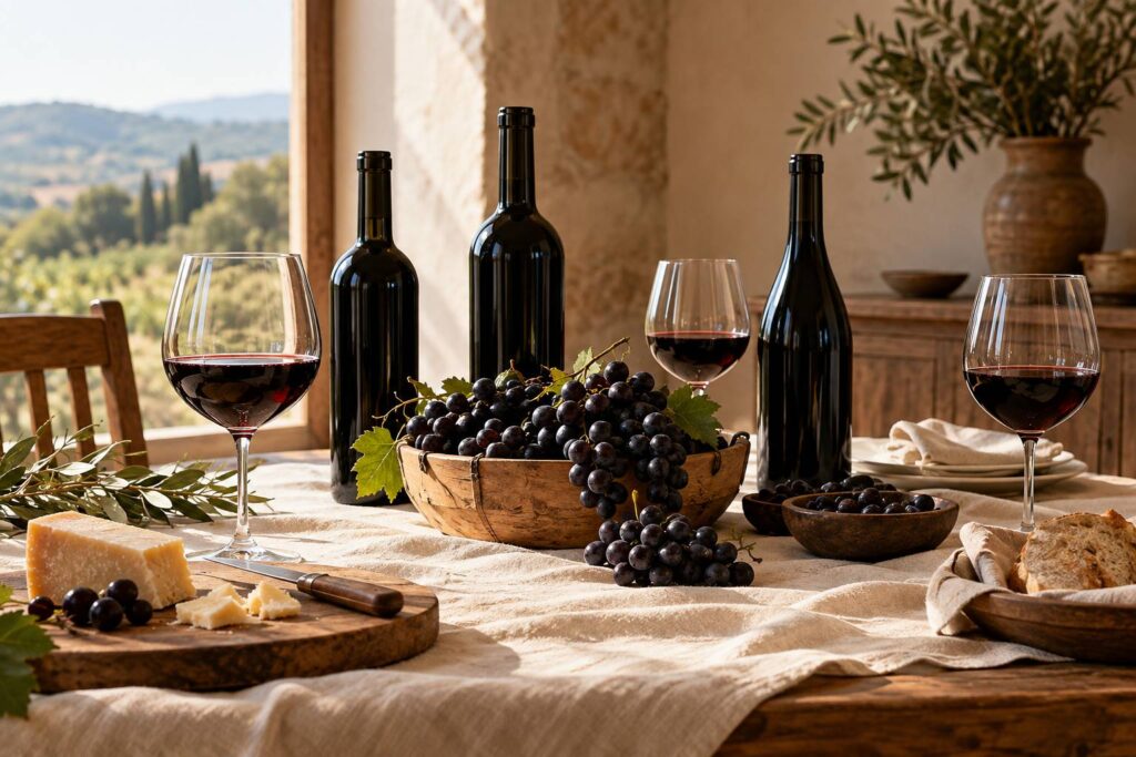 Verres de vin rouge et grappes de raisins noirs sur une table de degustation