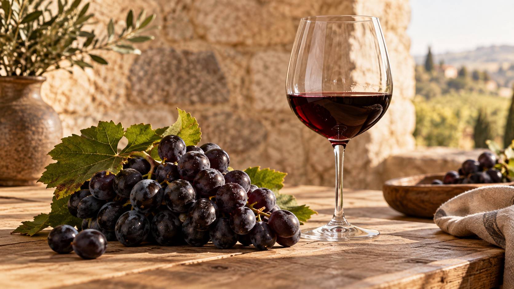 Grappe de raisin noir posee pres d'un verre de vin rouge