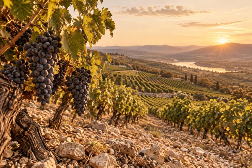 Rangs de vigne a raisins noirs avec grappes serrees sur un coteau pierreux